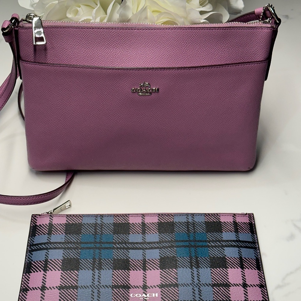 Coach East West Pop Crossbody Bag with Plaid Pouch F22252 Lilac - Picture 8 of 16